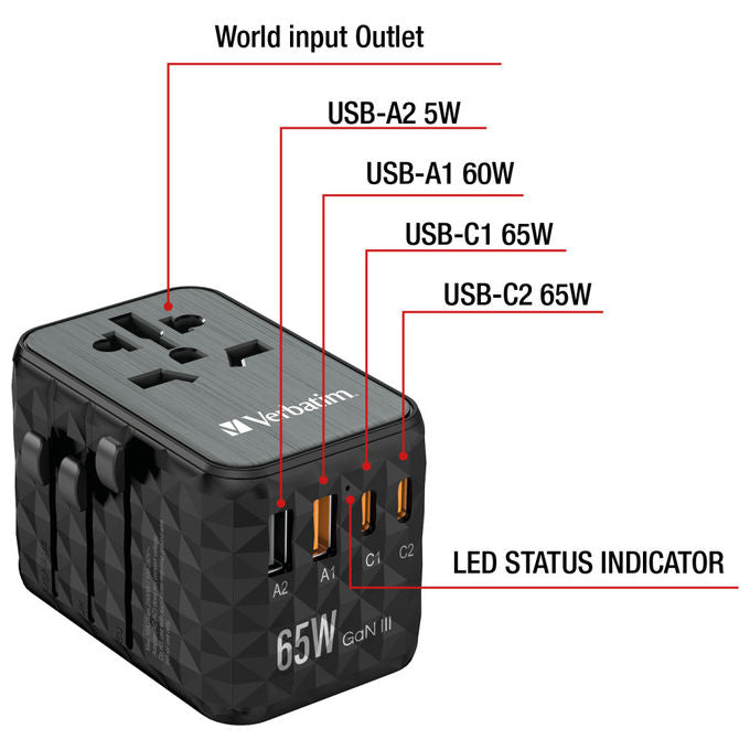 Verbatim UTA-05 GaN III Adattatore da Viaggio Universale 2 USB-C 65W PD 3.0 2 USB-A Quick Charge 4+ colore Nero
