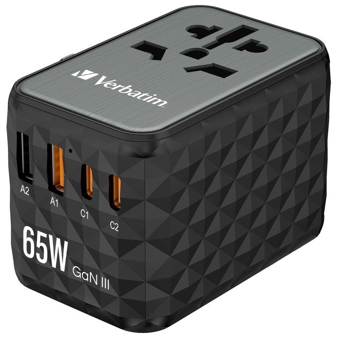 Verbatim UTA-05 GaN III Adattatore da Viaggio Universale 2 USB-C 65W PD 3.0 2 USB-A Quick Charge 4+ colore Nero