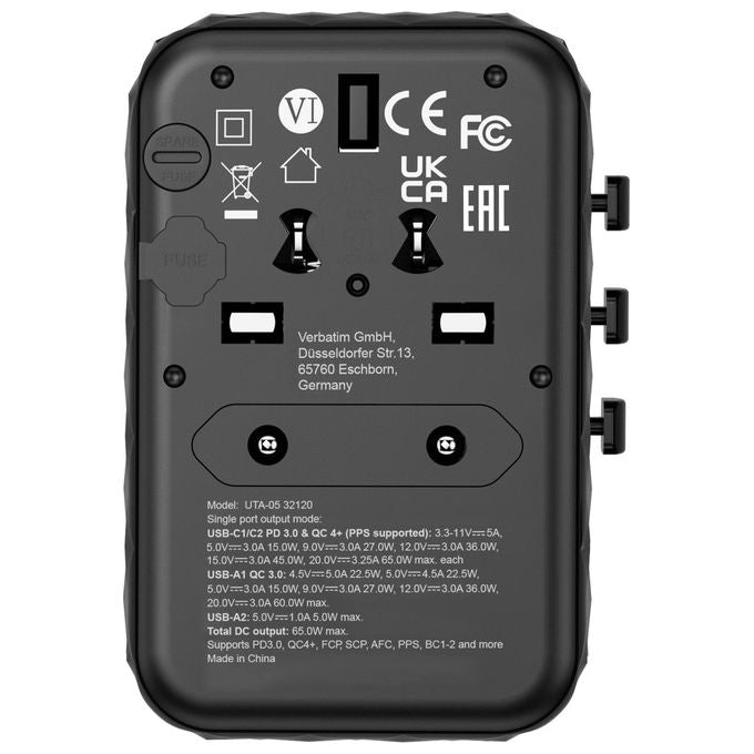 Verbatim UTA-05 GaN III Adattatore da Viaggio Universale 2 USB-C 65W PD 3.0 2 USB-A Quick Charge 4+ colore Nero