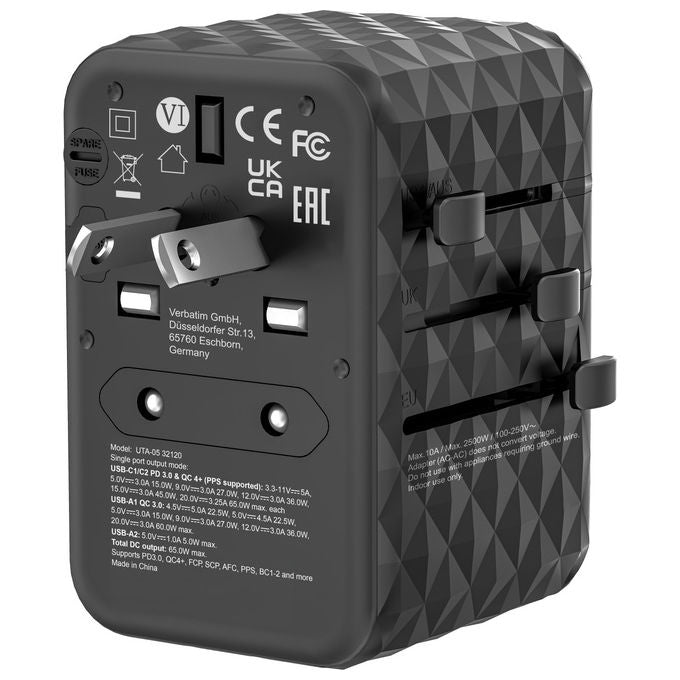 Verbatim UTA-05 GaN III Adattatore da Viaggio Universale 2 USB-C 65W PD 3.0 2 USB-A Quick Charge 4+ colore Nero