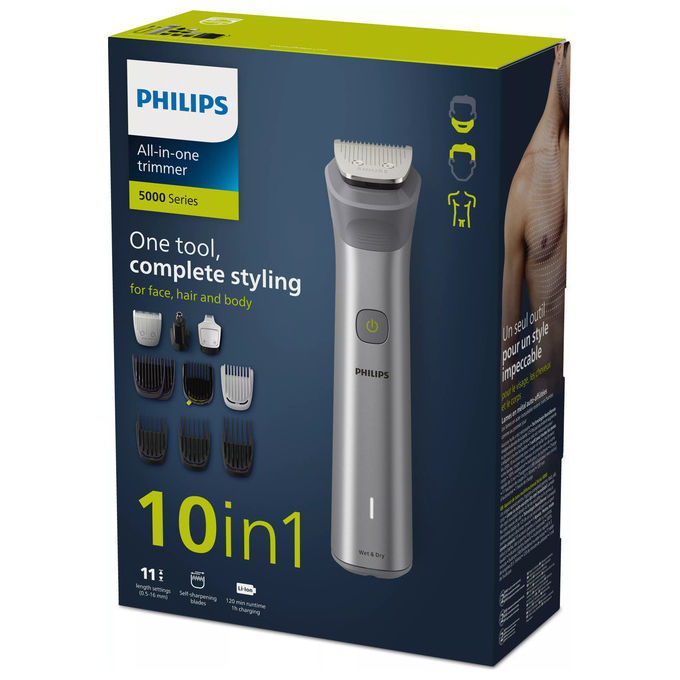 Philips MG5920-15 Serie 5000 Regolabarba Multigroom 10 in 1 Viso Capelli Corpo lame autoaffilanti autonomia 120 min colore Acciaio inox