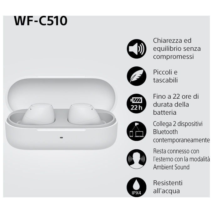 Sony WFC510W Auricolari True Wireless In-ear Bluetooth 5.3 Multipoint IPX4 22h Ambient Sound colore Bianco