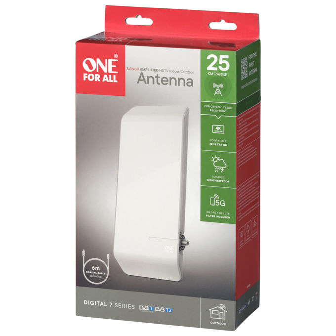 One For All SV 9450 Professional Outdoor Antenna TV DVB-T2 DAB+ 44dB Filtro LTE GSM 25 km colore Bianco
