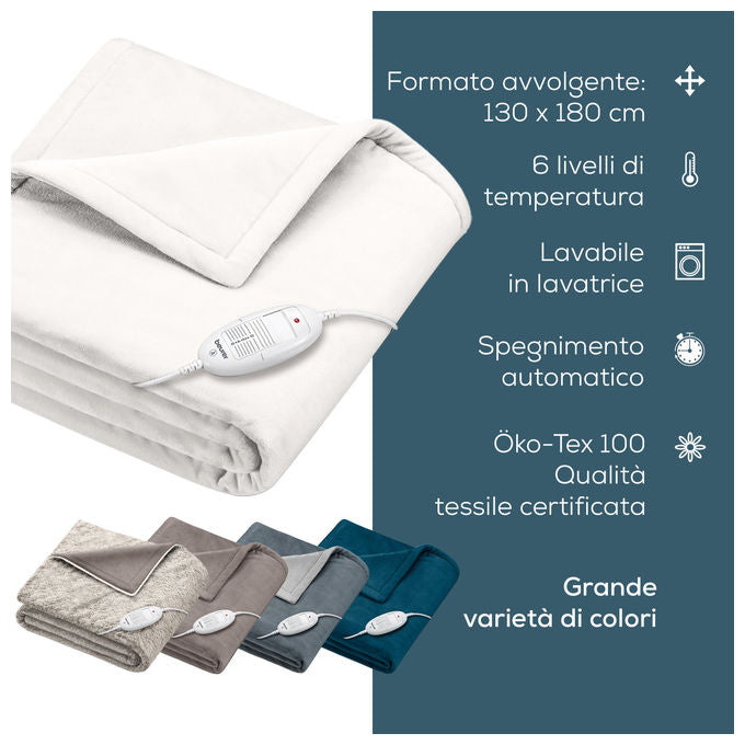Beurer HD 75 Cosy Termocoperta Elettrica 100W 6 livelli di temperatura spegnimento automatico 180x130 cm colore Bianco