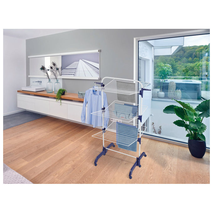Leifheit 81529 Comfort Tower 420 Stendibiancheria da pavimento 3 ripiani 42 m pieghevole con ruote colore Bianco Blu