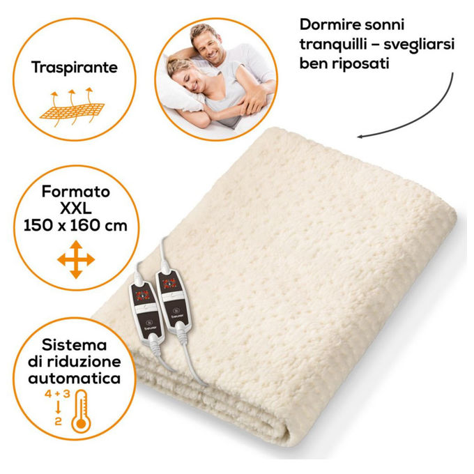Beurer UB 56 Teddy Double Coprimaterasso Termico Matrimoniale 150x160 cm 2 Zone 160W Lavabile colore Beige
