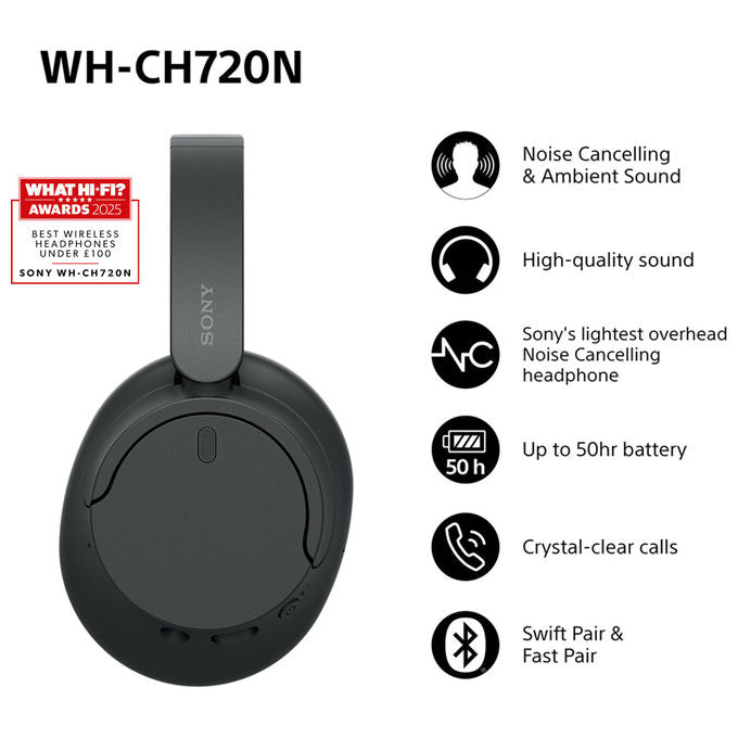 Sony WHCH720N Cuffie Bluetooth Wireless a Padiglione Cancellazione Rumore ANC 35h Ricarica Rapida colore Nero