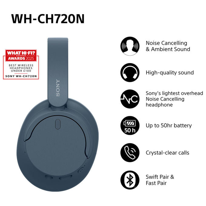 Sony WH-CH720N Cuffie a Padiglione Bluetooth 5.2 Noise Cancelling 35h USB Tipo-C Musica e Chiamate colore Blu