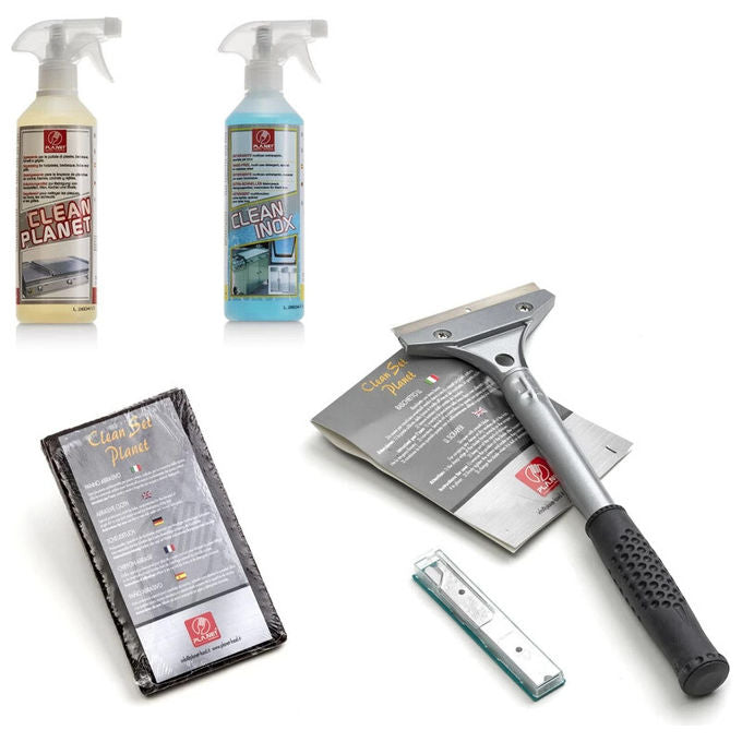Pla.net 0214006 Clean Pack Maxi Kit Pulizia Piastra da Cucina Degrassante Clean Inox Raschietto Lame Panni