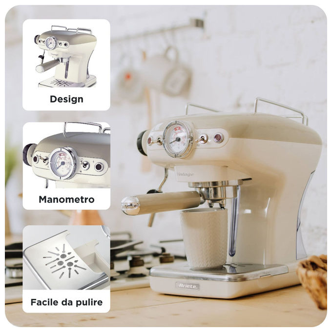 Ariete 1389 Vintage Macchina da caffe' Espresso 0,9 L 15 bar 850 W Polvere e Cialde ESE Cappuccinatore colore Beige