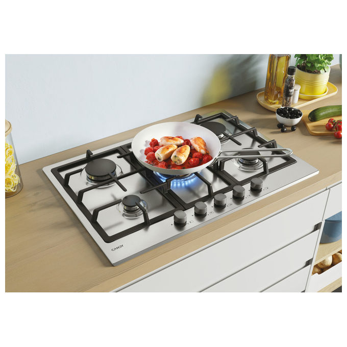 Candy CHG74WX Timeless Piano cottura Gas 74.5 cm 5 fuochi griglie in ghisa colore Acciaio Inox