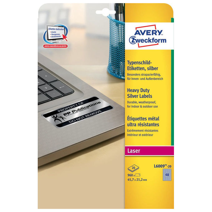 Avery L6009-20 Etichette in Poliestere per Stampanti Laser 45,7x21,2 mm 960 pz Permanenti colore Argento