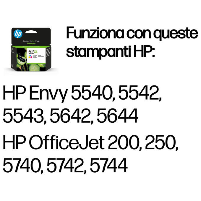 HP C2P07AE 62XL Cartuccia Originale Inkjet Tricromia Alta Capacita' 415 pagine 11,5 ml colore Ciano Magenta Giallo