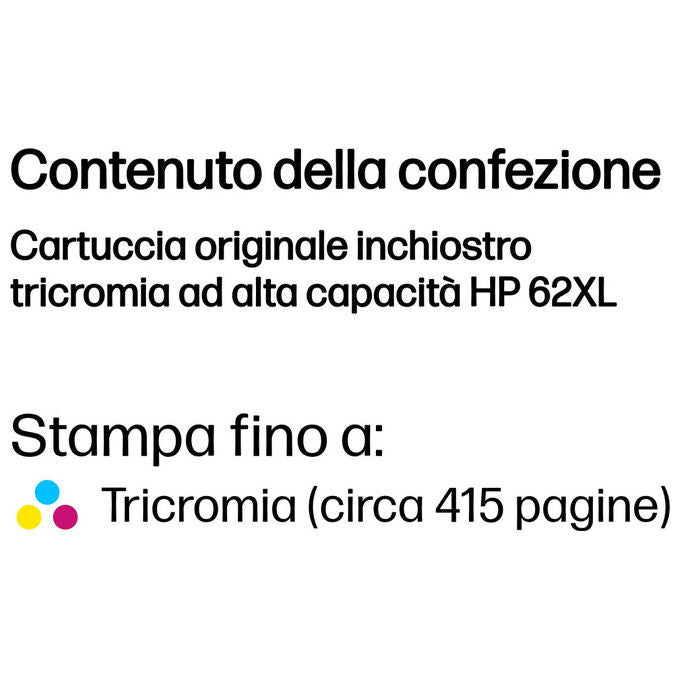 HP C2P07AE 62XL Cartuccia Originale Inkjet Tricromia Alta Capacita' 415 pagine 11,5 ml colore Ciano Magenta Giallo