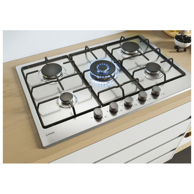 Candy CEL7P4WX Idea Piano cottura Gas 74.5 cm 5 fuochi doppia corona 4000 W sicurezza elettromagnetica colore Inox