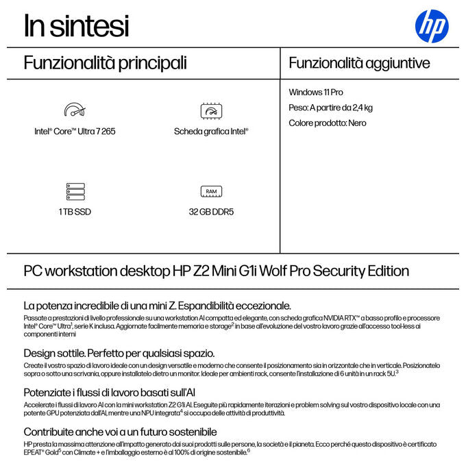 HP D4SZ5ET Z2 Mini G1i Wolf Pro Security Edition Mini PC Workstation AI Intel Core Ultra 7 265 32 GB DDR5 SSD 1 TB Windows 11 Pro colore Nero