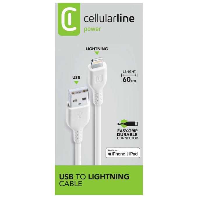 Cellularline USBDATA06MFIIPHW Power Cable Cavo USB A Lightning 0,6 m Ricarica Rapida 12W Certificato MFi colore Bianco