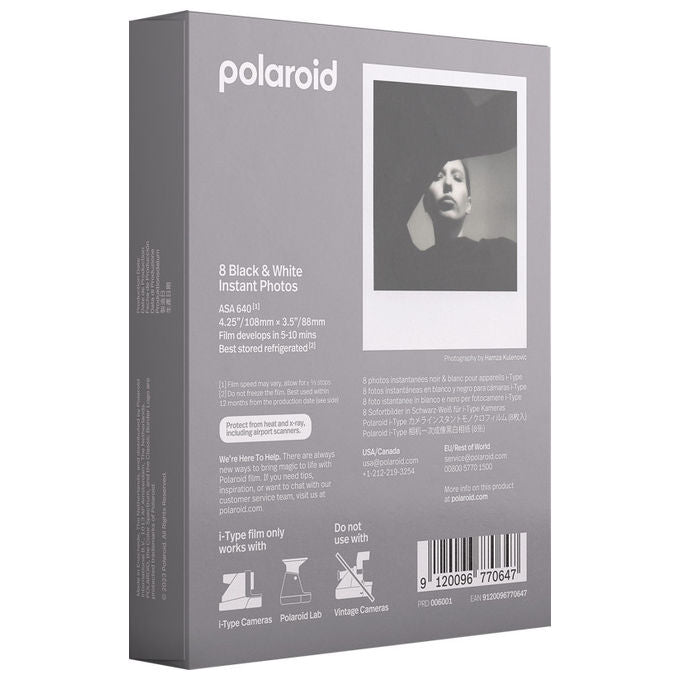 Polaroid 6001 Originals i-Type Pellicola Istantanea Bianco e Nero 8 Scatti ISO 640 79x79 mm colore Bianco
