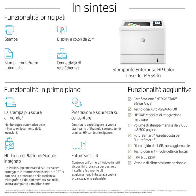 HP 7ZU81A Color LaserJet Enterprise M554dn Stampante Laser A Colori A4 33 ppm 1200x1200 DPI Fronte Retro Rete LAN colore Bianco