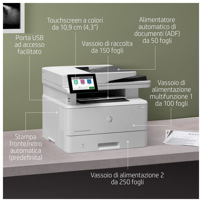 HP 3PZ55A LaserJet Enterprise M430f Stampante Multifunzione Laser Mono 38 ppm A4 Wi-Fi ADF Fronte Retro colore Bianco