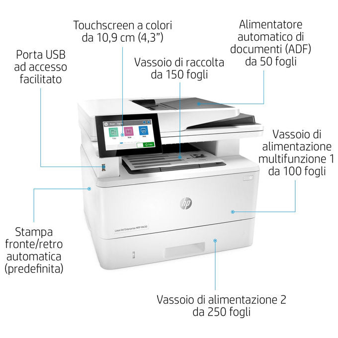 HP 3PZ55A LaserJet Enterprise M430f Stampante Multifunzione Laser Mono 38 ppm A4 Wi-Fi ADF Fronte Retro colore Bianco
