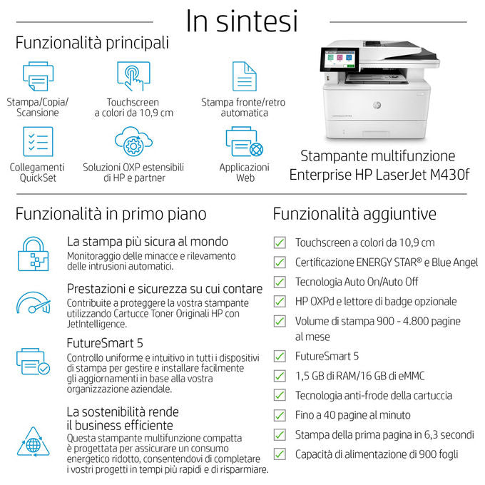HP 3PZ55A LaserJet Enterprise M430f Stampante Multifunzione Laser Mono 38 ppm A4 Wi-Fi ADF Fronte Retro colore Bianco