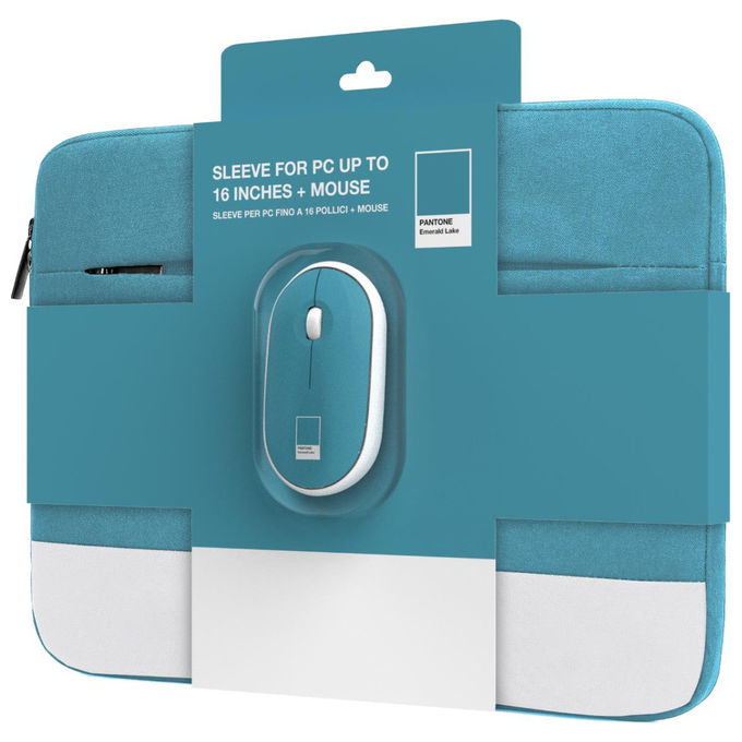 Pantone PT-BGMS001G1 Bundle Custodia Sleeve Porta PC 15.6'' e Mouse Wireless Poliestere colore Azzurro