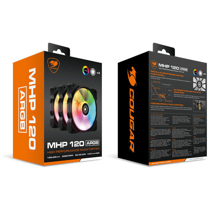Cougar CGR-CF-MHP12HB3-RGB MHP 120 Kit 3 Ventole ARGB PWM 120mm 2000 rpm 143,53 m³-h HDB colore Nero