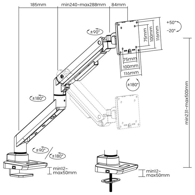 Equip 650181 Supporto Monitor da Scrivania Heavy Duty 17'' 49'' VESA 75x75 100x100 20 Kg Rotazione 360° colore Bianco