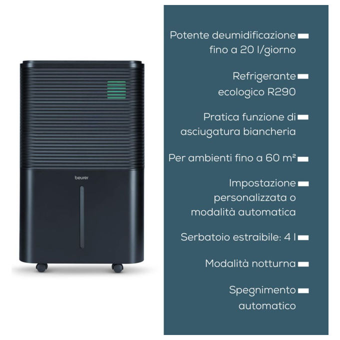 Beurer LE250 Deumidificatore 20 l-24h 60 m² 330 W funzione bucato serbatoio 4 L 55 dB colore Nero