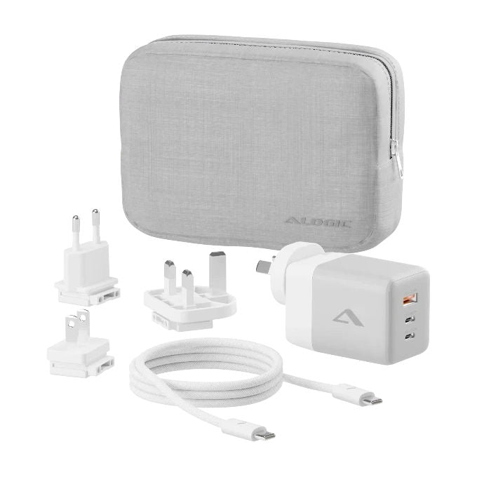 Alogic WCM3X100G Caricabatterie Multi Paese 3 Porte 100W con USB C e USB A Tecnologia GaN Adattatori Intercambiabili EU UK US AU colore Bianco