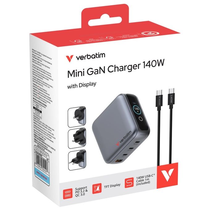 Verbatim 30240 Caricabatterie Universale Mini GaN 140W con Display 3 Porte USB Tipo C 1 Porta USB Tipo A Ricarica Rapida Power Delivery 3.0 Quick Charge 3.0 colore Nero