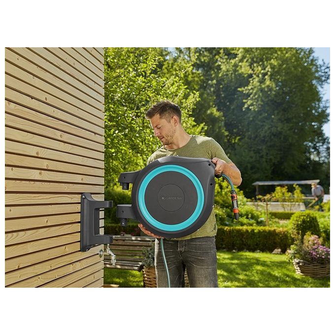 GARDENA 18630-20 RollUp XL Avvolgitubo a Parete 35 m Diametro 13 mm Rotazione 180° con Lancia e Raccordi colore Azzurro