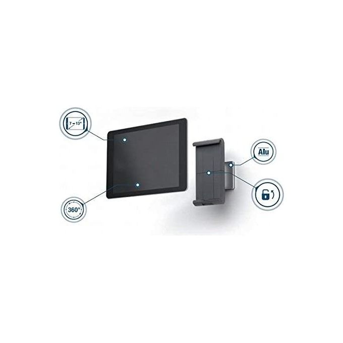 Durable 893323 Tablet Holder Wall Supporto da Parete per Tablet 7''-13'' Rotazione 360° con Bloccaggio di Sicurezza colore Argento