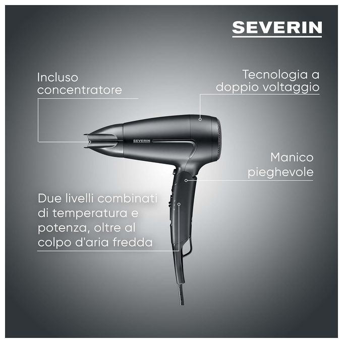 Severin HT 0159 Asciugacapelli da Viaggio 1600 W Manico Pieghevole Doppio Voltaggio 2 Temperature Concentratore colore Nero