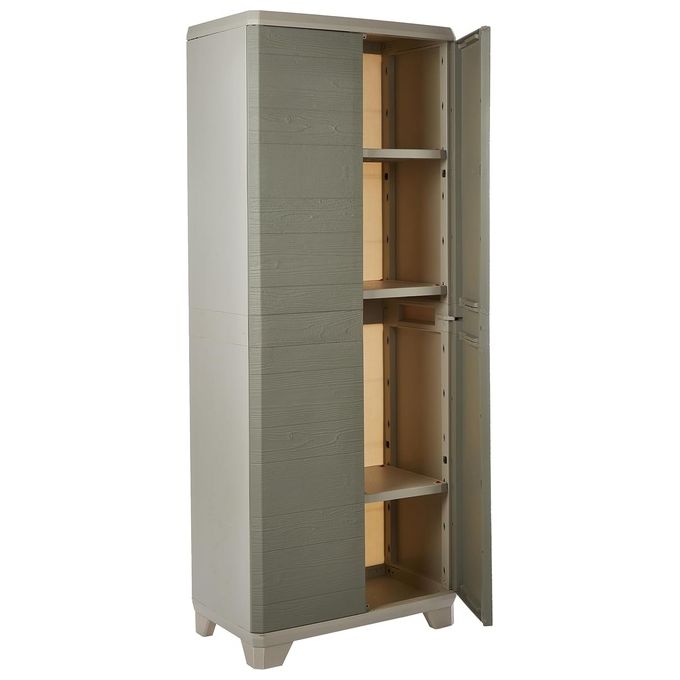Keter 9726300 0952 Linear Wood Armadio Portascope Resina 3 Ripiani Regolabili 68x39x173 cm Uso Interno ed Esterno colore Grigio Tortora
