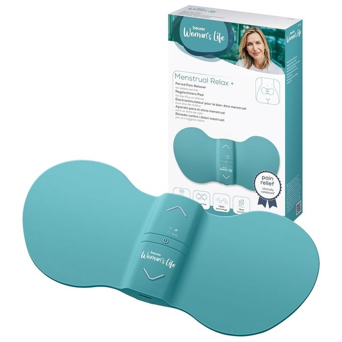 Beurer 10059 EM 55 Menstrual Relax+ Elettrostimolatore TENS con Funzione Calore 15 Livelli Intensita' Batteria Ricaricabile USB 4 Cuscinetti Gel colore Turchese