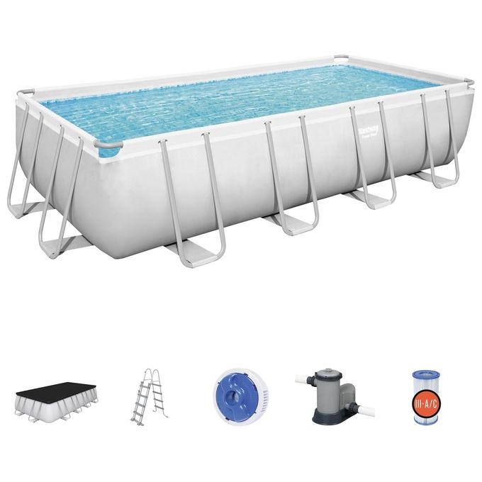 Bestway 56465 Power Steel Piscina Fuori Terra Rettangolare 549x274x122 cm 14812 L con Pompa Filtro 5678 L-h Scaletta e Copertura