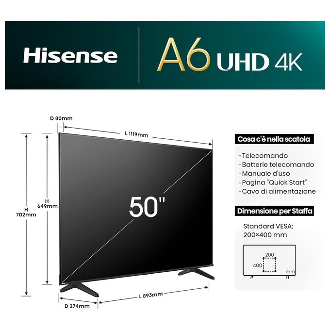 Hisense 50A69Q Smart TV 50'' 4K Ultra HD LED VIDAA U8 Dolby Vision HDR10+ AirPlay2 colore Nero