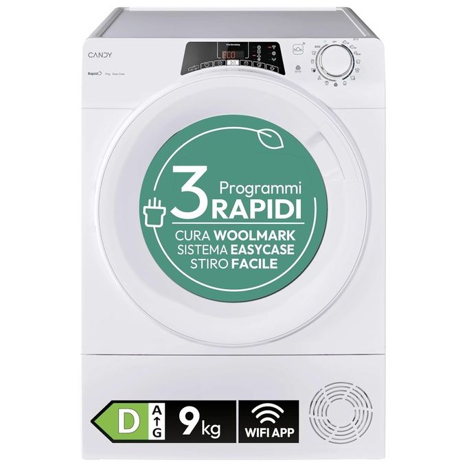 Candy RO EH9N2TE-S Rapido' Asciugatrice A Pompa Di Calore 9 Kg Classe D 66 Db Wi-Fi App Hon (85x59x58.5 Cm) Colore Bianco