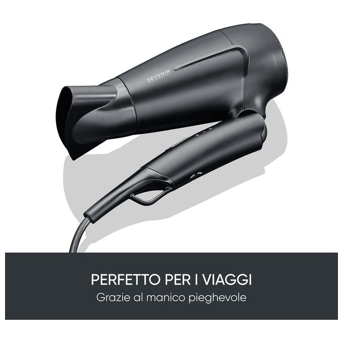 Severin HT 0159 Asciugacapelli da Viaggio 1600 W Manico Pieghevole Doppio Voltaggio 2 Temperature Concentratore colore Nero