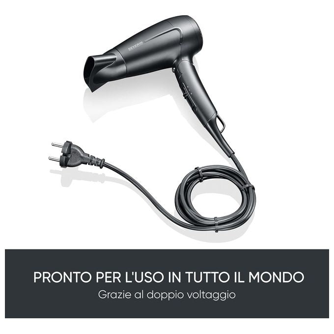 Severin HT 0159 Asciugacapelli da Viaggio 1600 W Manico Pieghevole Doppio Voltaggio 2 Temperature Concentratore colore Nero