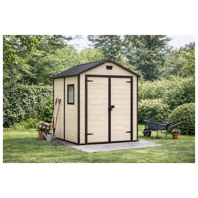 Keter MANOR 6X5 Casetta da giardino in resina doppia porta tetto a due falde 185x152x226 cm colore Beige
