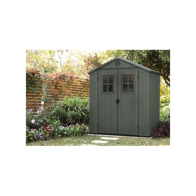 Keter 256879 Casetta da Giardino in Resina EVOTECH+ con Finestre Frontali e Pavimento Incluso colore Verde