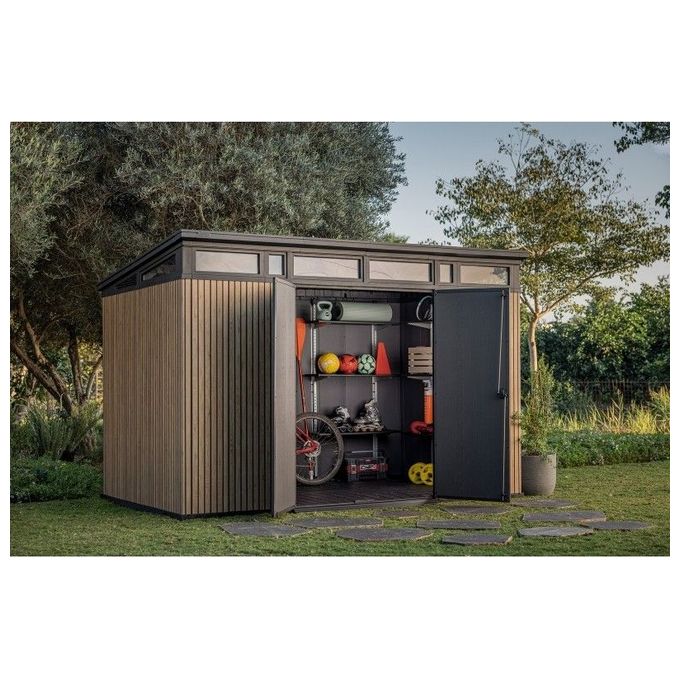 Keter 259170 Signature Pent 11x7 Casetta da Giardino in Resina 7,4 m² Effetto Legno Venetian Tetto Monofalda colore Noce