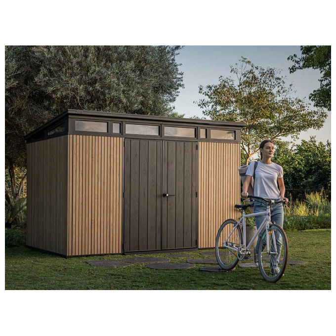 Keter 259170 Signature Pent 11x7 Casetta da Giardino in Resina 7,4 m² Effetto Legno Venetian Tetto Monofalda colore Noce