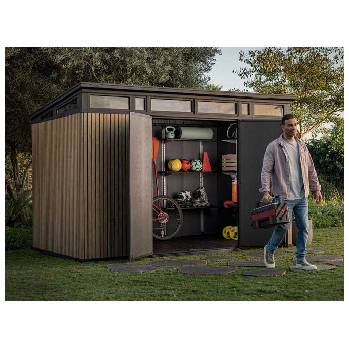 Keter 259170 Signature Pent 11x7 Casetta da Giardino in Resina 7,4 m² Effetto Legno Venetian Tetto Monofalda colore Noce