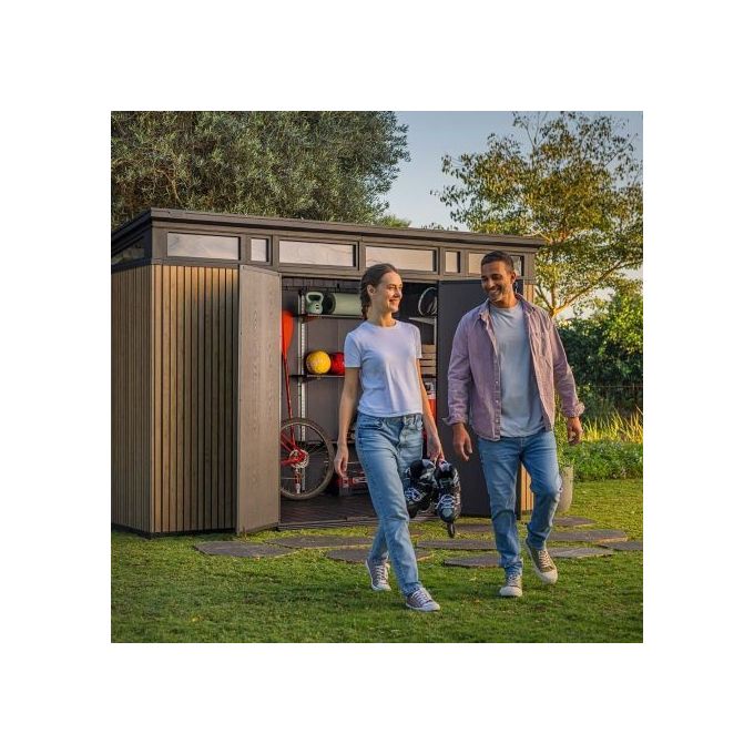 Keter 259170 Signature Pent 11x7 Casetta da Giardino in Resina 7,4 m² Effetto Legno Venetian Tetto Monofalda colore Noce
