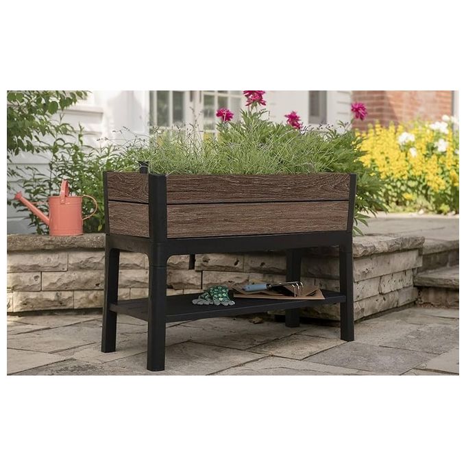 Keter 261334 Deco Orto Rialzato Fioriera da Esterno 120L con Riserva d'Acqua e Ripiano Integrato colore Marrone