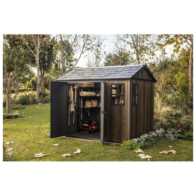 Keter 263097 Signature Apex Casetta da Giardino in Resina 5.25 m² 287x230x246 cm resistenza vento 145 Km-h neve 150 Kg-m² colore Noce